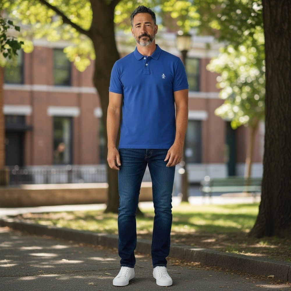 Johnnie-O Hangin Out Mens Blue Pique Cotton Stretch Polo Shirt Surfer Logo S